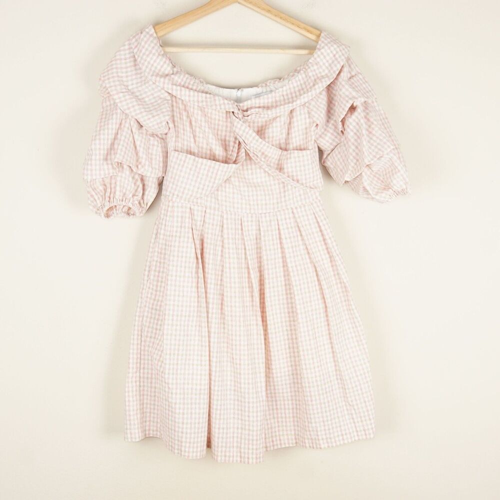 Chriselle x JOA Tiered Sleeve Dress Minidress Gingham Print Off Shoulder Sz S